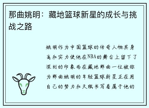 那曲姚明：藏地篮球新星的成长与挑战之路